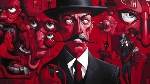Red-toned surreal portrait of suited man with mustache.