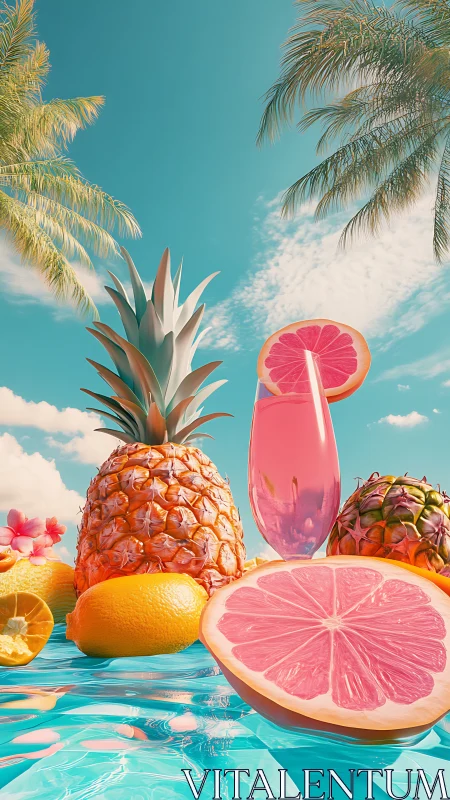 Tropical citrus cocktail glows under dreamy palm-filled skies