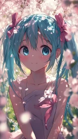 Blossom-soft spring girl with teal twin-tails and shy glow.