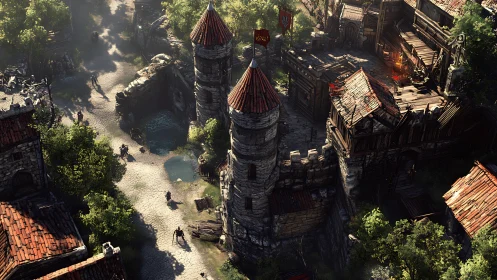 Sunlit medieval stronghold hums with wandering adventurers.