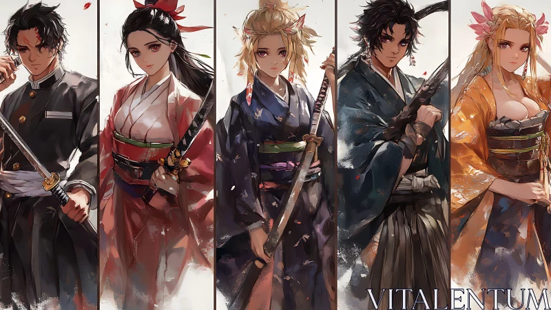Samurai ensemble in vertical panels unifying dynamic anime portraiture