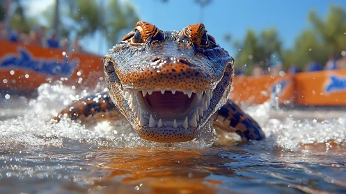 Aggressive alligator lunges toward camera through shallow water