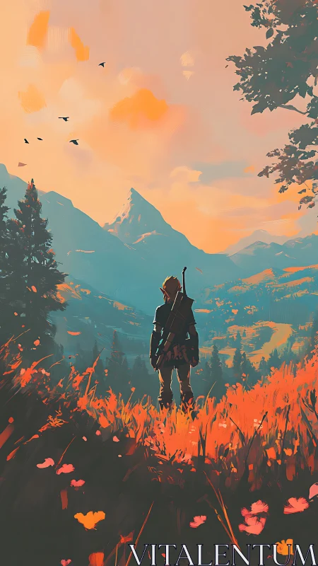 Lone adventurer gazes across sunlit valley and distant peak