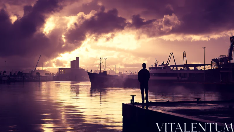 Silhouetted observer studies harbor vessels under magenta twilight