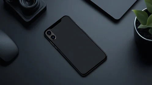 Black Smartphone Flat Lay with Dual Camera Setup.