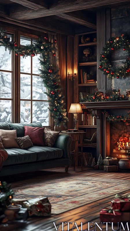 Cozy holiday cabin living room glowing with winter warmth.