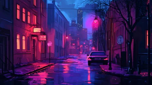 Urban street scene shows wet roadway under neon lighting