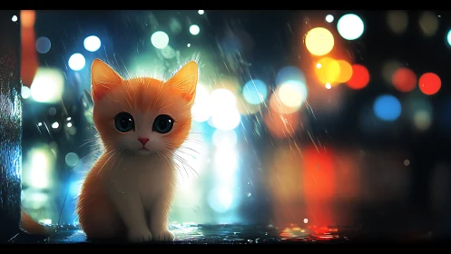Kitten in neon rain, luminescent bokeh backdrop