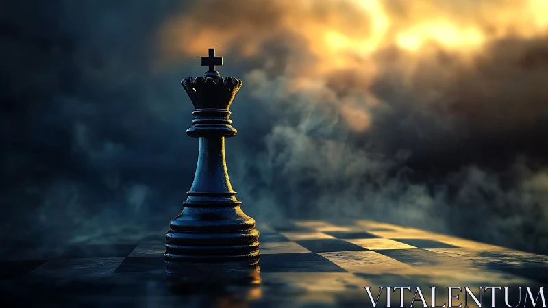 Stormlit chess king rises over a smoky battlefield horizon.