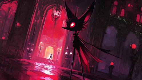 Elongated shadow creature in red lit gothic hall interior.