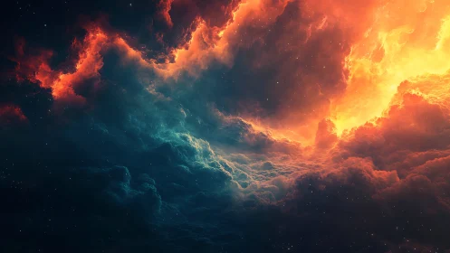 Fiery cosmic nebula surging through deep teal void.