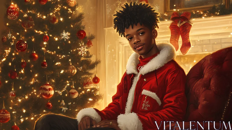 Young man in red Christmas coat beside glowing tree