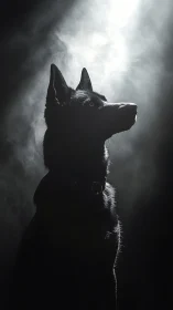 Dog silhouette sits in hard backlight with rising smoke