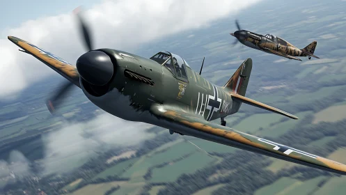 Twin WWII fighters execute low-altitude banking turn with motion blur