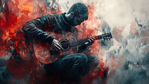 Solitary guitarist in abstract red and gray brushwork.