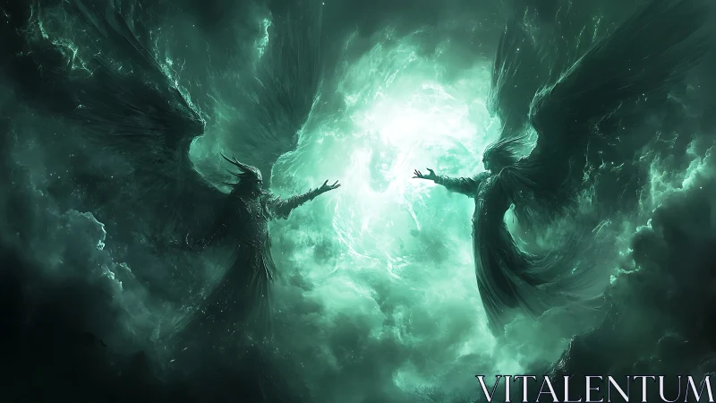 Two winged figures extend toward a central luminous vortex