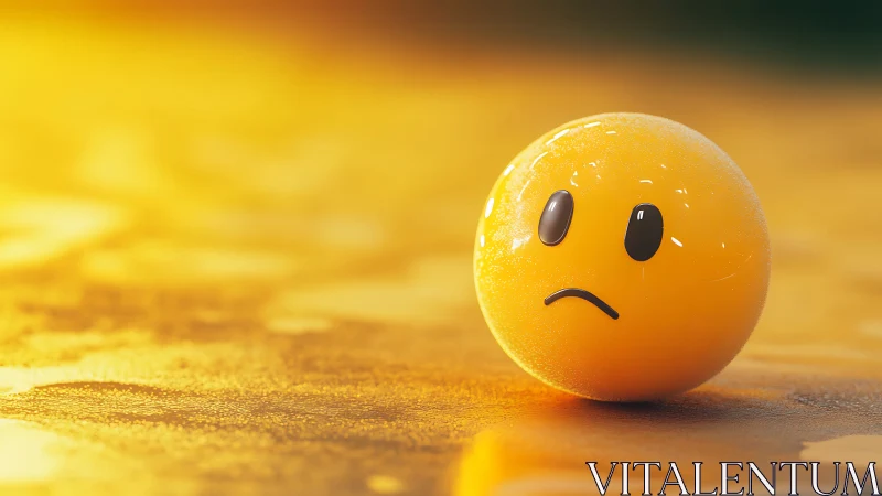 Yellow 3D emoticon sphere rests on reflective wet surface