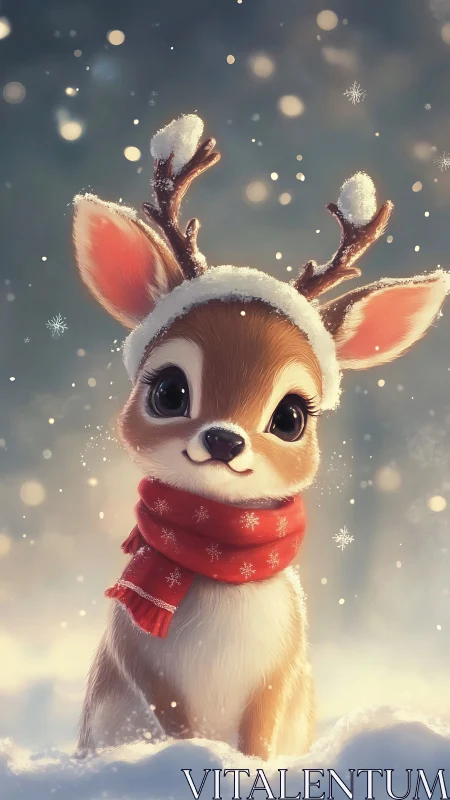 Snowlit fawn portrait with stylized antlers and textile detail.