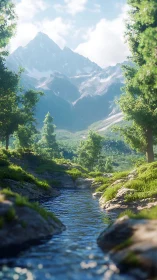 Sunlit alpine creek flows toward distant snowcapped peaks
