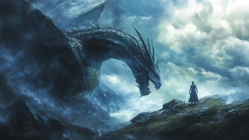 Lone warrior confronts colossal dragon in a stormy sky