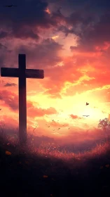 Wooden cross stands in field beneath luminous sunset sky