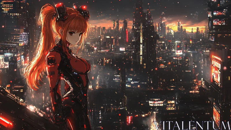 Cybernetic sentry surveys neon-drenched dystopian megacity skyline.