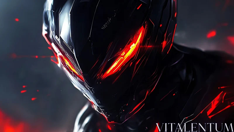 Dark armored cyborg portrait with intense red lights.