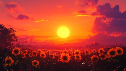 Hyper-saturated sunflower field under low-angle solar disc at dusk