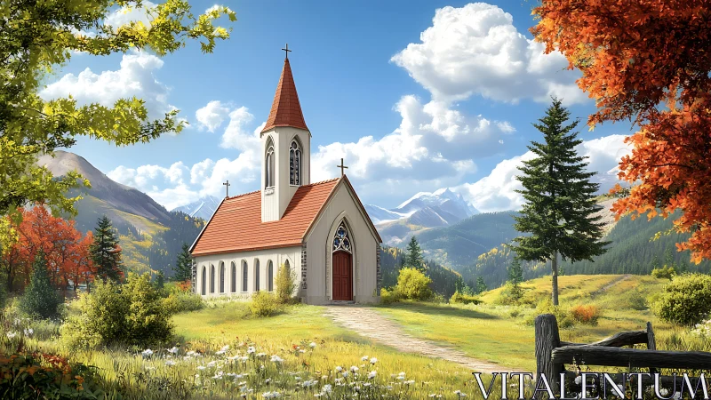 Sunlit country chapel amid vibrant autumn mountainscape.