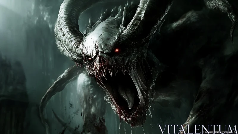 Nightmarish horned creature roars in a misty shadow realm