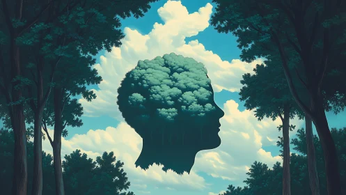 Forest silhouette forms human head against bright cloud sky