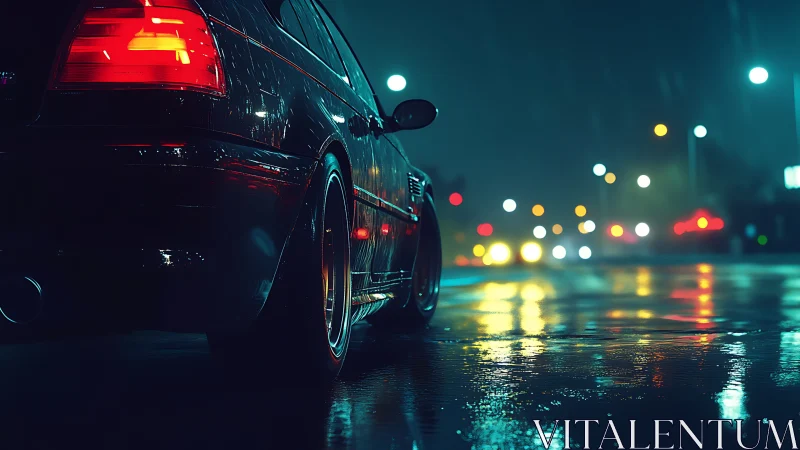 Rear three quarter sports coupe in neon lit rainy urban street
