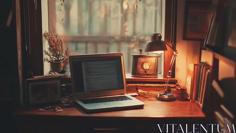 Photorealistic warm workspace with laptop by window at dusk.