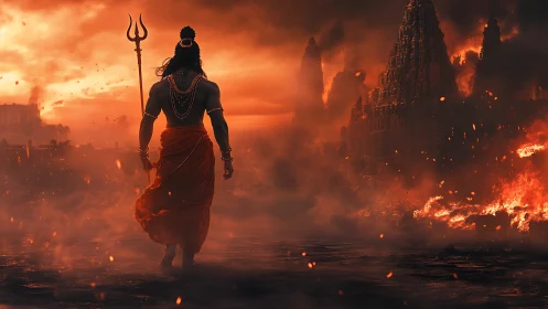 Warrior figure observes burning temple complex at dusk