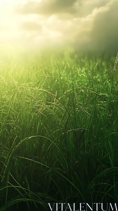 Sunlit dewy grassland glowing under a gentle morning sky.
