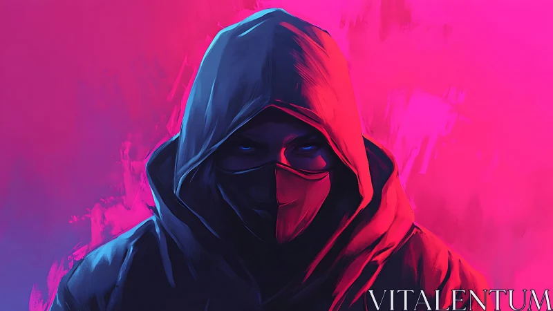 Hooded masked figure in neon pink and blue digital art.