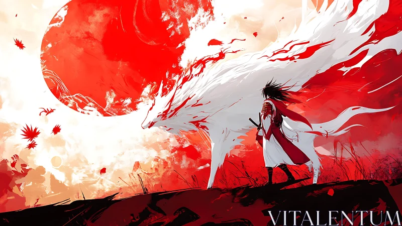Samurai and ethereal fox spirit under blazing crimson sun