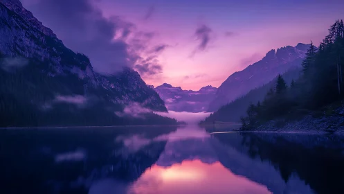 Gentle twilight settles over a still, mirrorlike mountain lake