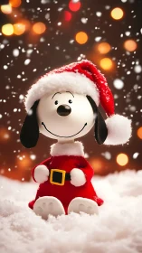 Snowy beagle Santa beams beneath twinkling holiday lights