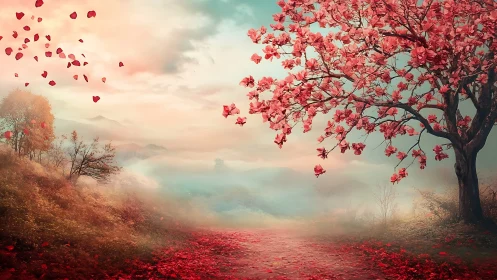 Pink blossom tree stands over misty path in soft light