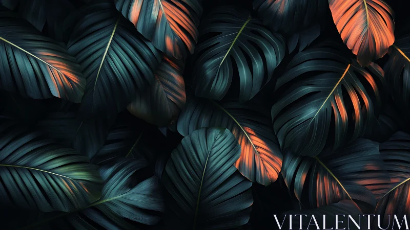 Midnight jungle leaves kissed by ember-lit whispers of dawn.