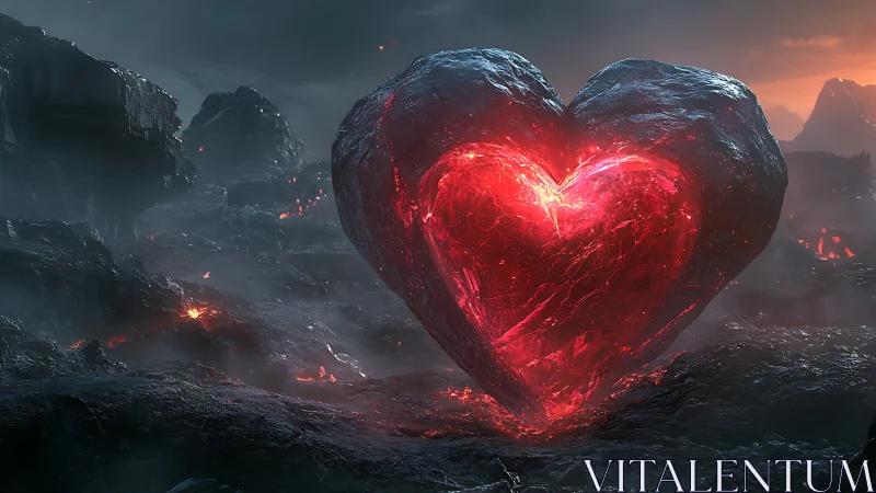 Luminescent crystalline heart form in volcanically active landscape with thermal luminosity