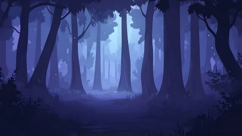 Misty Forest Pathway Through Tall Pines.