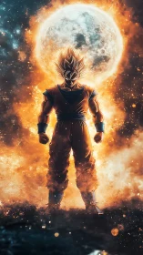 Silhouetted warrior stands before large moon and fiery aura