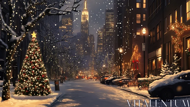 Cozy city street glowing with Christmas lights and snowfall.
