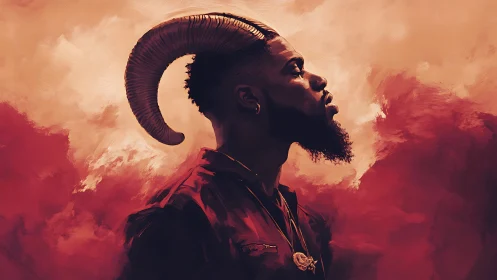 Profile portrait unites human figure with curled ram horn