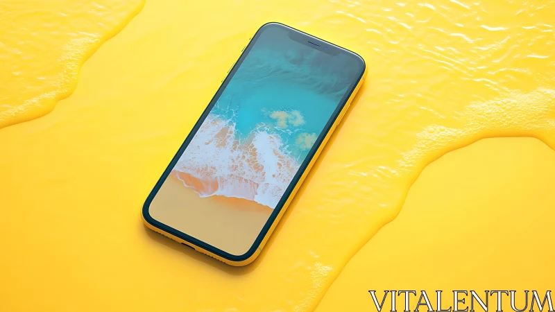 Modern smartphone on yellow liquid textured surface.
