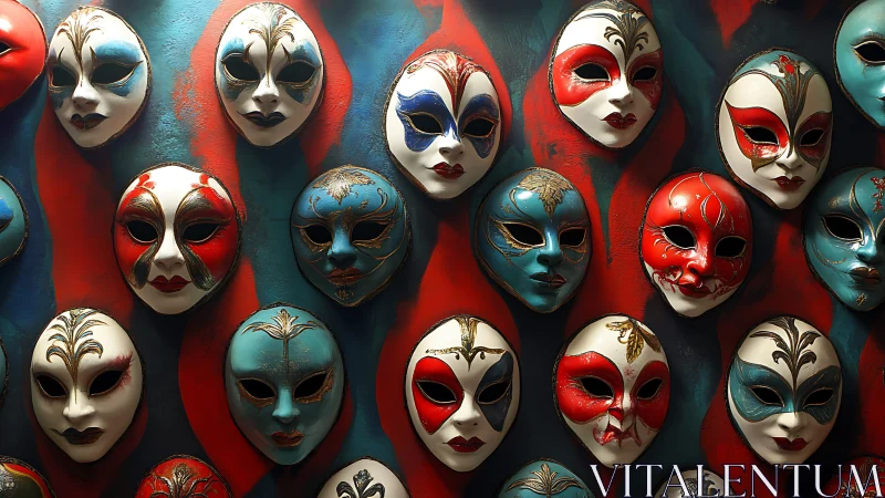 Colorful carnival masks with bold red and teal patterns.