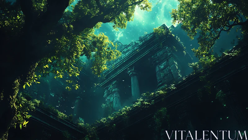 Overgrown neoclassical ruin under volumetric forest light.