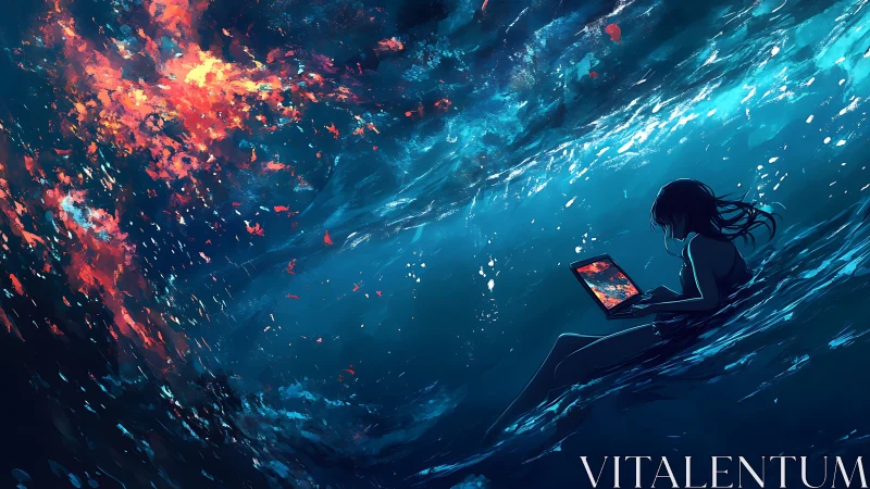 Midnight coder drifts through a glowing digital ocean dream